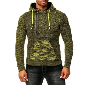   Sporty férfi hooded pulóver  fél-cipzár és texturált kötött pulóver Pulóver 13323 sárga Méret: M