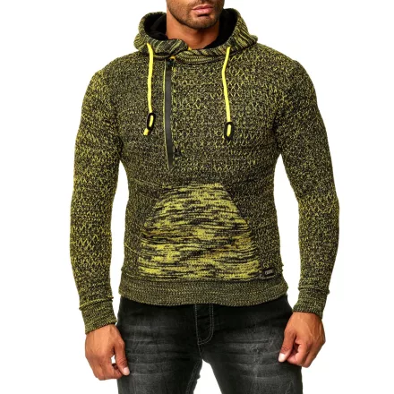 Sporty férfi hooded pulóver  fél-cipzár és texturált kötött pulóver Pulóver 13323 sárga Méret: M