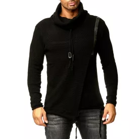   stílusos férfi kötött Pulóver  sál nyaklánc és zipper detail, túlméretezett look, 13336, fekete Méret: 2XL