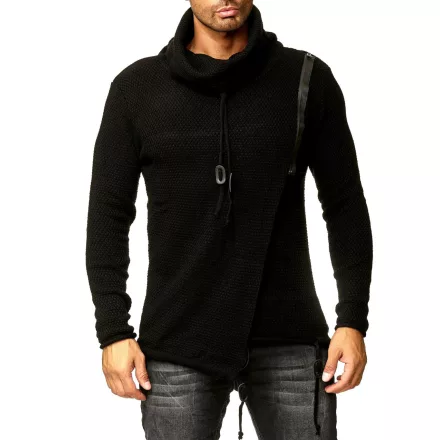 Stílusos férfi kötött pulóver gallérral és cipzárral, oversized fazon, 13336, fekete Méret:XL