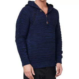    férfi chunky kötött hooded pulóver  gomb placket és cable kötött textúra, kötött pulóver Pulóver 13385 Indigo Méret: L