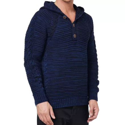  férfi chunky kötött hooded pulóver  gomb placket és cable kötött textúra, kötött pulóver Pulóver 13385 Indigo Méret: XL