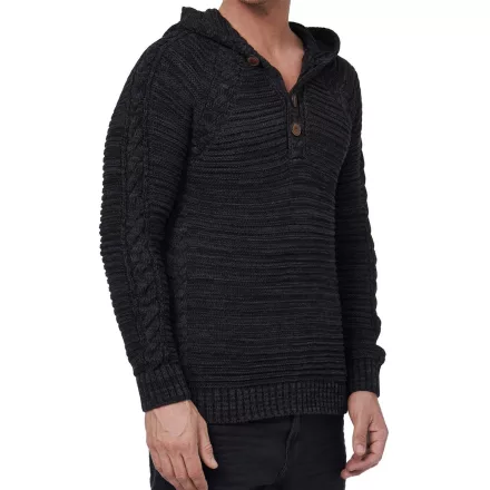  férfi chunky kötött hooded pulóver  gomb placket és cable kötött textúra, kötött pulóver Pulóver 13385 fekete Méret: L