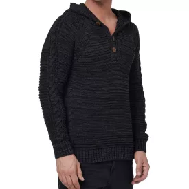    férfi chunky kötött hooded pulóver  gomb placket és cable kötött textúra, kötött pulóver Pulóver 13385 fekete Méret: M