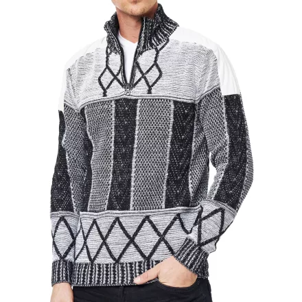 egyedi férfi kötött Pulóver  tartó-up nyaklánc, patterned regular fit Pulóver 13388 fekete/fehér Méret: XL