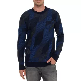  Trendy férfi kerek nyakú Pulóver in wave design, elegáns kötött Pulóver 13445 navy Méret: 2XL