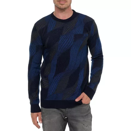 Trendy férfi kerek nyakú Pulóver in wave design, elegáns kötött Pulóver 13445 navy Méret: 2XL
