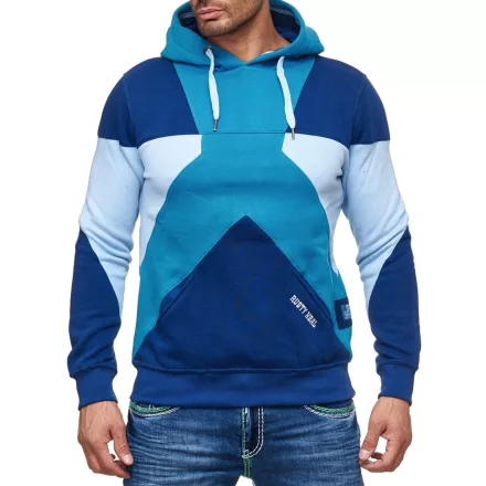 Modern férfi colorblock kapucnis pulóver  kangaroo zseb, regular fit Pulóver, 19042 Petrol Méret: XL