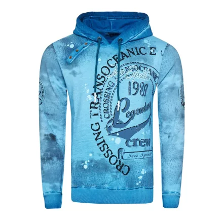 Exclusive férfi hooded pulóver, oil-washed pulóver  gomb placket és sea print Pulóver 19128 Petrol Méret: M