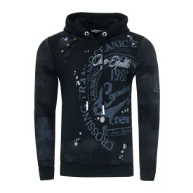   Exclusive férfi hooded pulóver, oil-washed pulóver  gomb placket és sea print Pulóver 19128 fekete Méret: XL