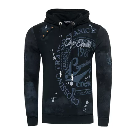 Exclusive férfi hooded pulóver, oil-washed pulóver  gomb placket és sea print Pulóver 19128 fekete Méret: XL