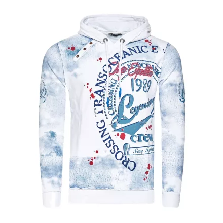 Exclusive férfi hooded pulóver, oil-washed pulóver  gomb placket és sea print Pulóver 19128 fehér Méret: S