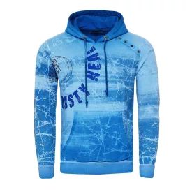   Modern férfi kapucnis pulóver, oil-washed pulóver  dekoratív gomb placket, pulóver 19129, kék Méret: M