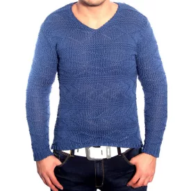   Modern férfi kötött Pulóver, V-nyak, vékony fit, texturált kötött Pulóver 3172 kék Méret: 2XL