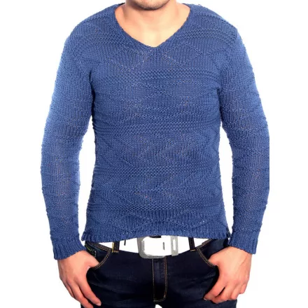 Modern férfi kötött Pulóver, V-nyak, vékony fit, texturált kötött Pulóver 3172 kék Méret: 2XL
