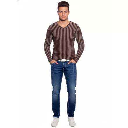 Modern férfi kötött Pulóver  csíkos minta, vékony fit, V-nyak Pulóver 3174 barna Méret: L