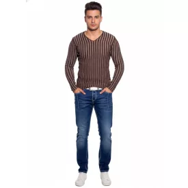   Modern férfi kötött Pulóver  csíkos minta, vékony fit, V-nyak Pulóver 3174 barna Méret: XL