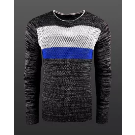   Modern férfi colorblock kötött Pulóver, vékony fit, kerek nyakú Pulóver 6272 anthracite/szürke/kék Méret: XL