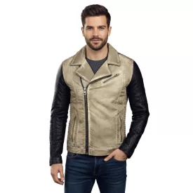   alkalmi férfi biker dzseki kabát Kabát, washed design  szintetikus bőr ujj, vékony fit transitional dzseki kabát Kabát 8837 bézs Méret: M