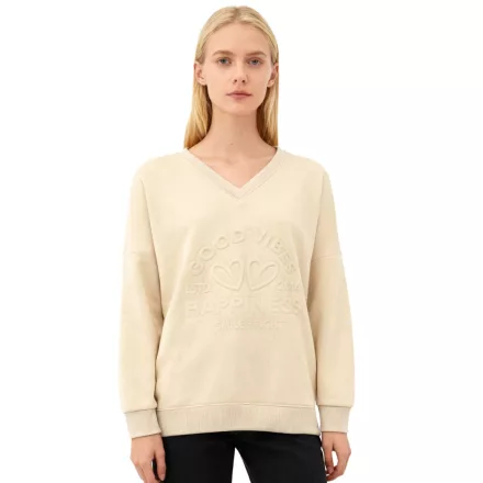 Comfortable ZWILLINGSHERZ női pulóver "GOOD VIBES HAPPINESS"  V-nyak, 46080-29 bézs Méret: S_M