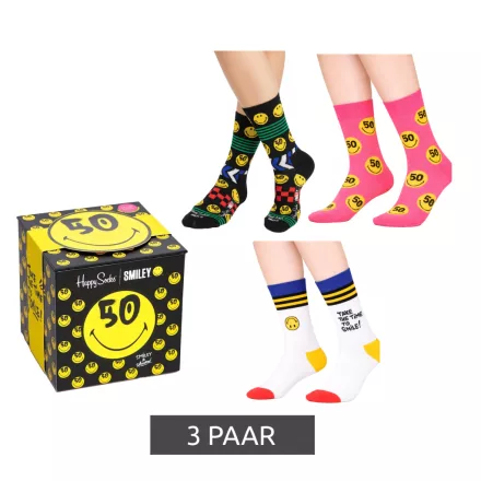3 pár Happy Zokni Unisex férfi női pamut Zokni Value csomag  Smiley Print Everyday Zokni in ajándék doboz sárga/fekete/kék vagy fekete/rózsaszín/fehér Méret: 36_40
