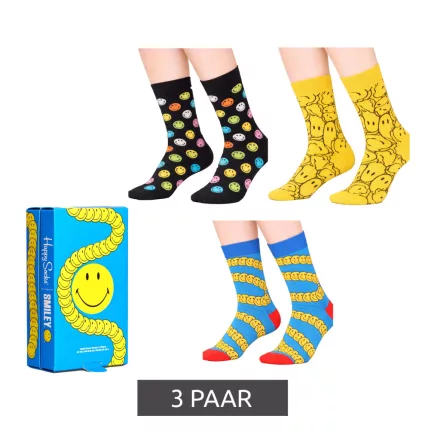 3 pár Happy Zokni Unisex férfi női pamut Zokni Value csomag  Smiley Print Everyday Zokni in ajándék doboz sárga/fekete/kék vagy fekete/rózsaszín/fehér Méret: 36_40