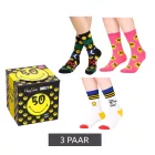 3 pár Happy Zokni Unisex férfi női pamut Zokni Value csomag  Smiley Print Everyday Zokni in ajándék doboz sárga/fekete/kék vagy fekete/rózsaszín/fehér Méret: 41_46