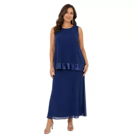   női Maxi ruha in elegáns Georgette  flitter, ujjatlan estélyi ruha 975925 sötét kék Méret: 42