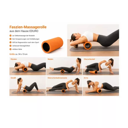 EDURO Fascia Massage Roller for Self-Massage of Muscles, szivacs Roller, Recovery Roller, approx. 34 x 15 cm, narancssárga Méret: N