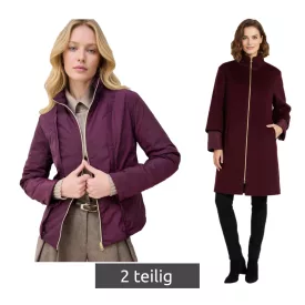   2-darab elegáns női kabát szett: 2-in-1 gyapjú kabát és Down dzseki kabát Kabát  Recycled Fibers, 906403 bordó Méret: 36