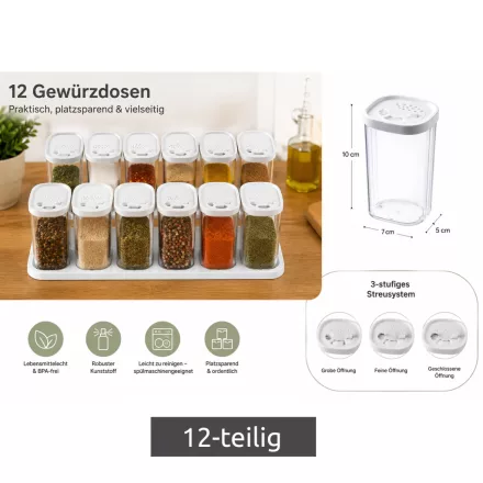 12-darab műanyag Spice Shaker szett  Lids és 2 Racks – 250 ml Spice Containers for Spices, Herbs, Pepper, és Salt – átlátszó/fehér Méret: N