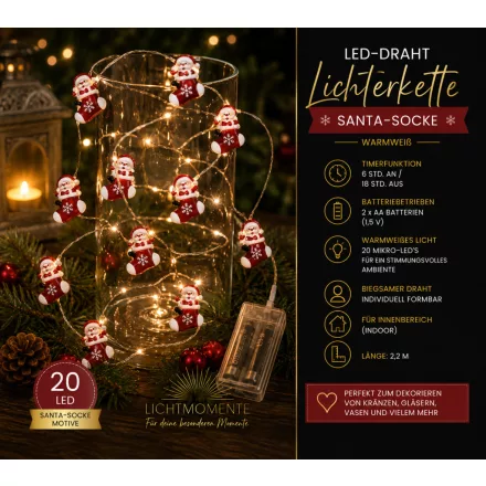 LICHTMOMENTE LED drót füzér lámpa, Mikulás zokni mintás, 20 meleg fehér LED, 2,2 méter, 9843954