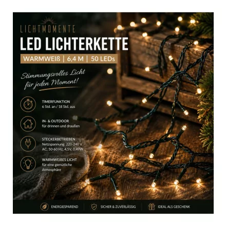LICHTMOMENTE LED fényfüzér, 6,4 méter, meleg fehér mikró-LED, sötétzöld, 7668209