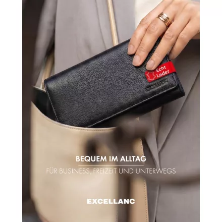 Excellanc fekete valódi bőr pénztárca, RFID védelemmel