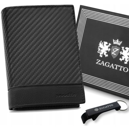 Férfi fekete bőr pénztárca, függőleges, elegáns karbon RFID pénztárca ZAGATTO
