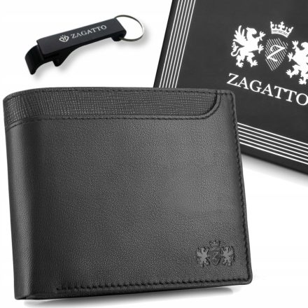 Férfi bőr pénztárca, fekete, vízszintes, kiterjesztett, RFID kártya védelem, ZAGATTO
